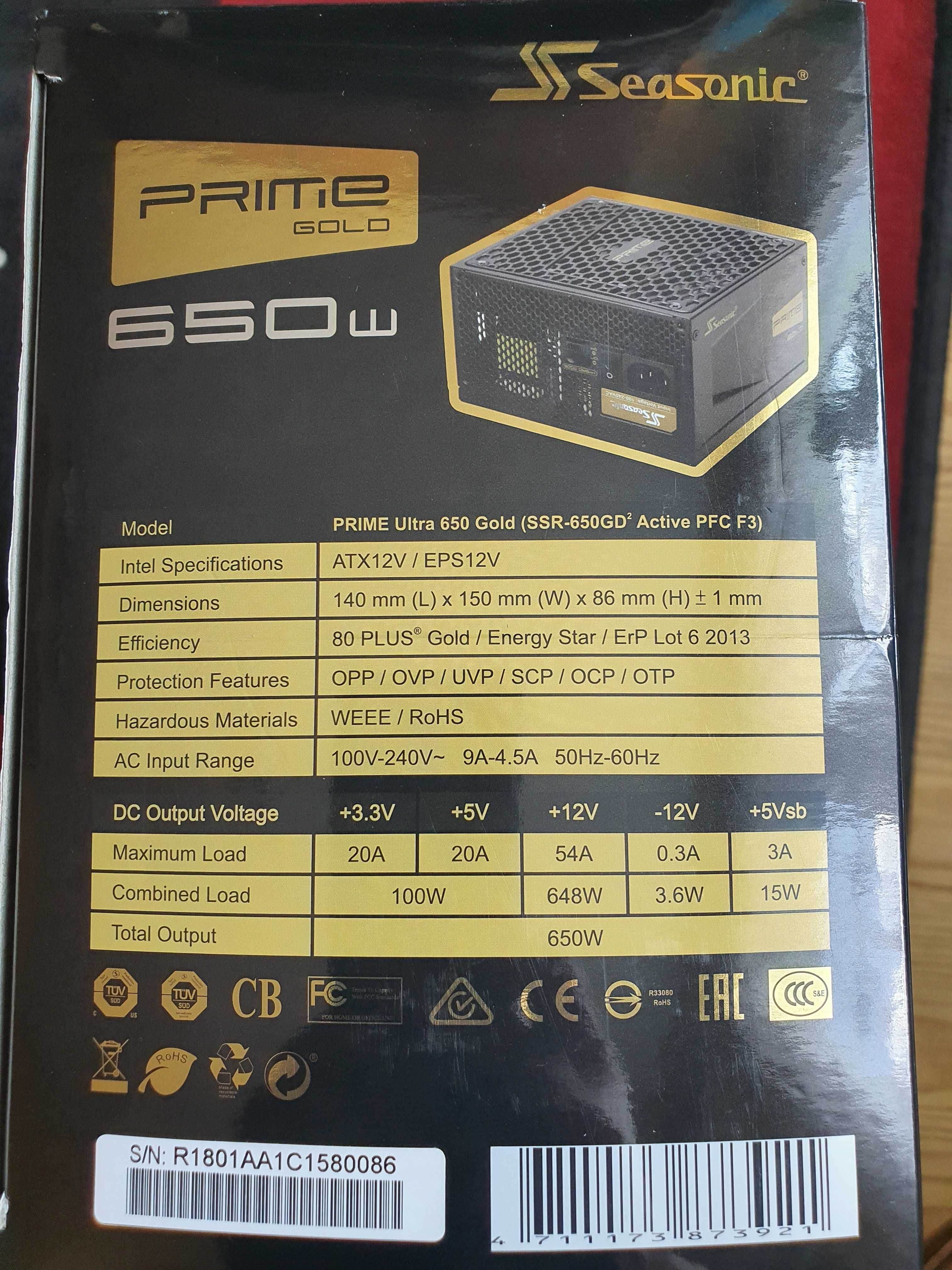 Zasilacz Seasonic Prime Gold 650W. Pełny komplet