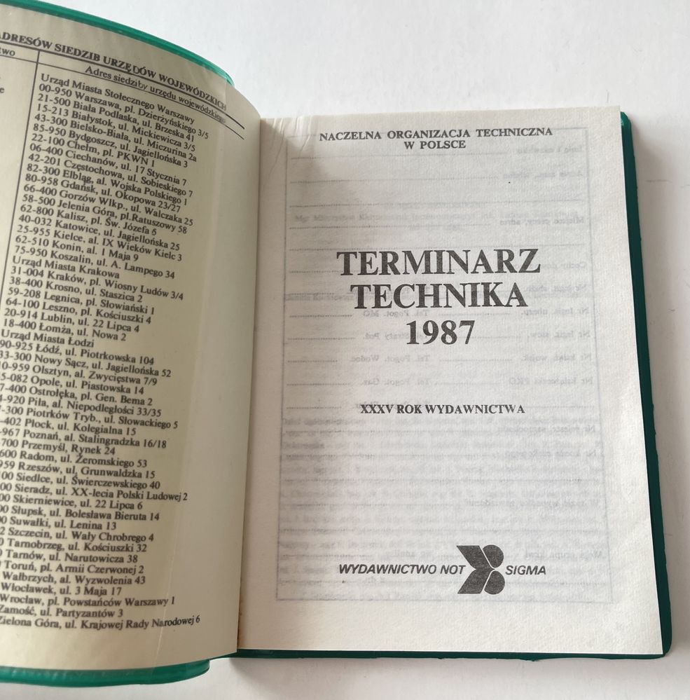 Terminarz kalendarz technika NOT 1987 rok