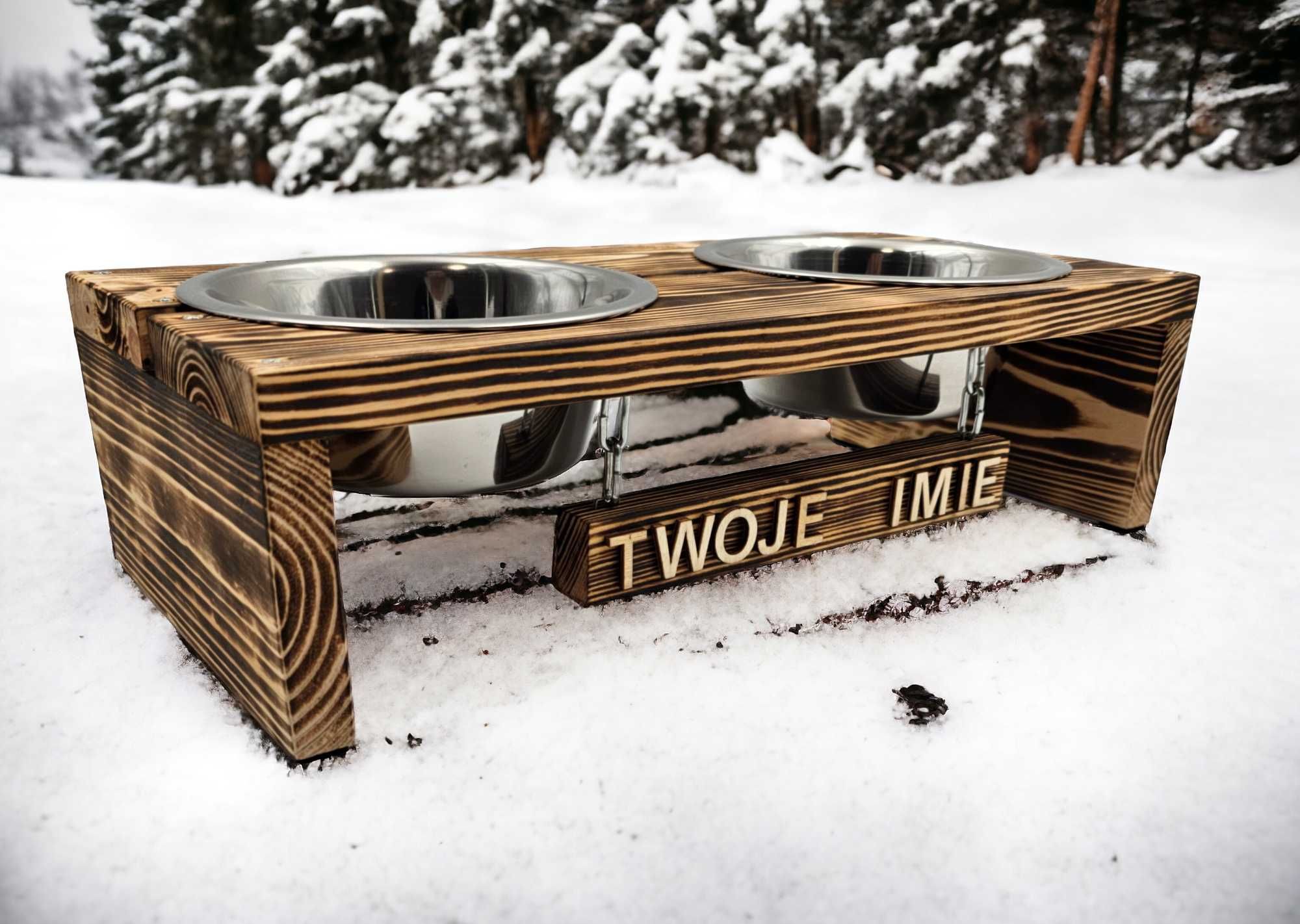 Miski dla psa drewniany stojak z personalizacją 2x900ml roz. M