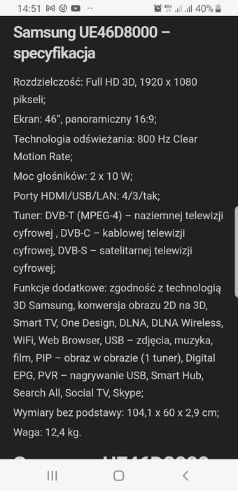 Telewizor smart Samsung 46 cali 3D zadbany sprawny elagancki  jakość