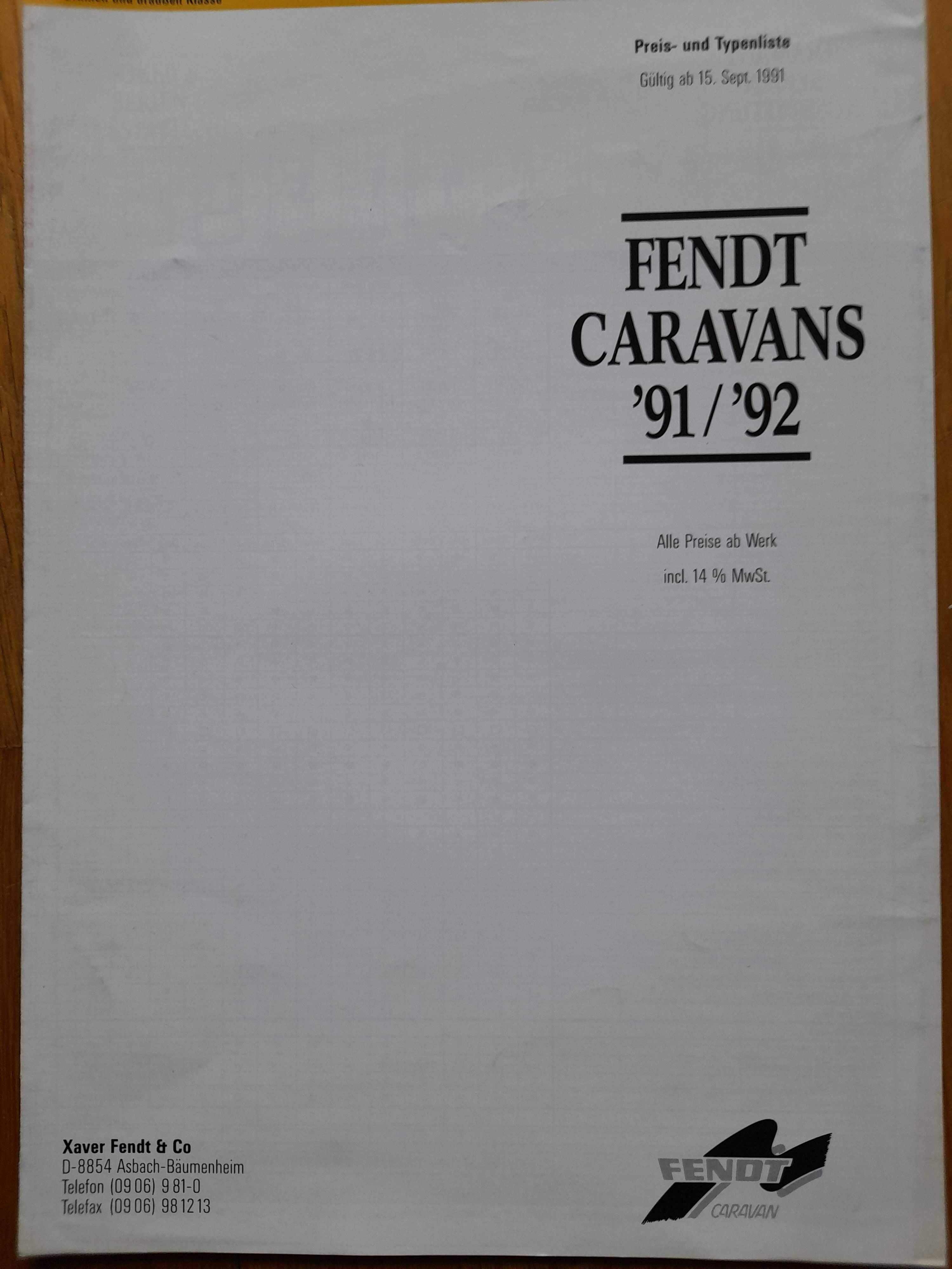 FENDT Caravans 91/92 kampery serii Diamant, Joker prospekt niemiecki