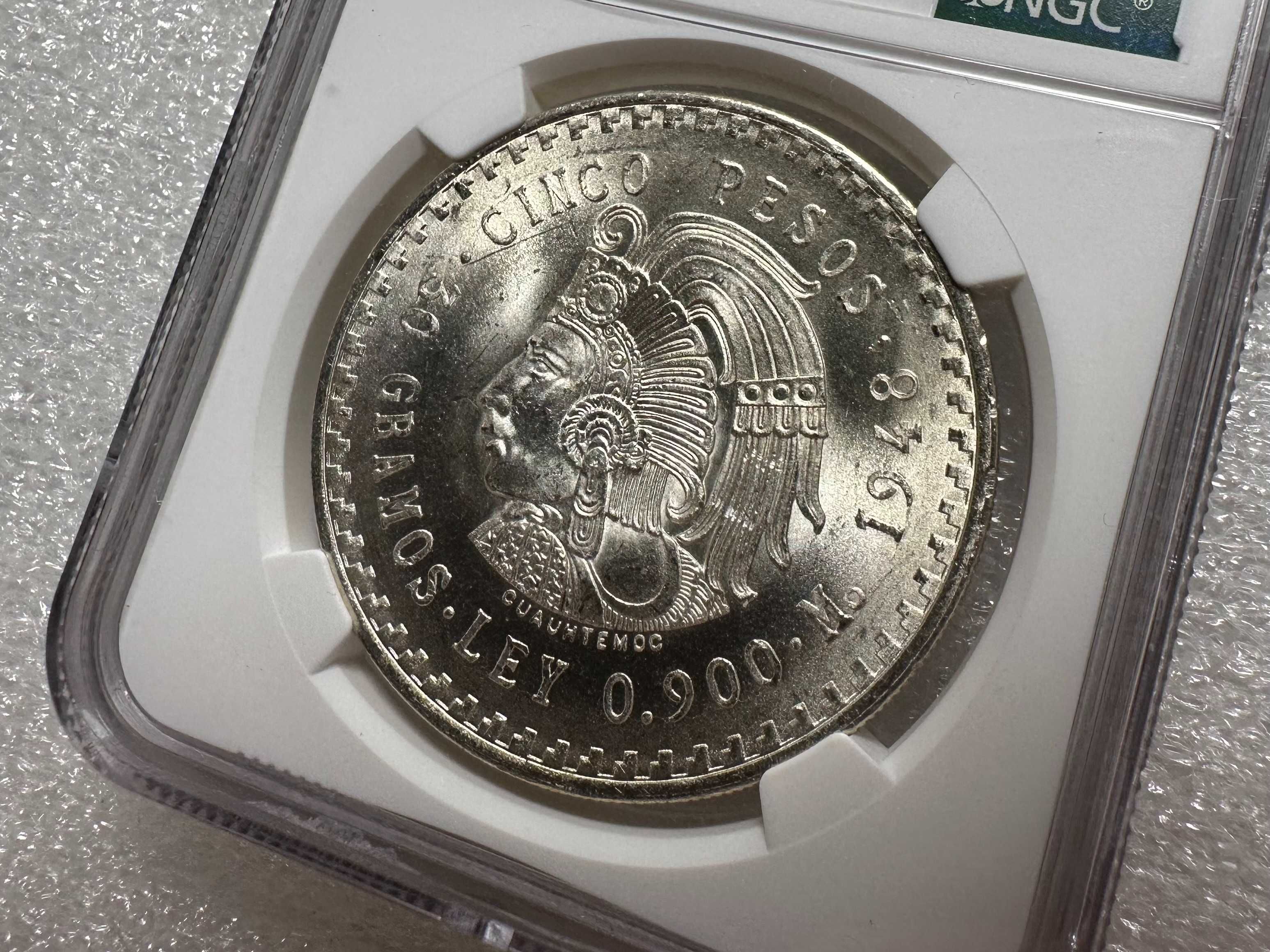 1948 Мексика 5 песо Куатемок слаб NGC MS-64+