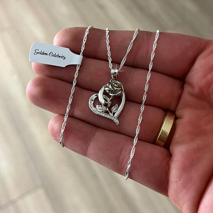 Srebrny Naszyjnik Serce Z Róża 925 + Róża Wieczna Led / Zestaw Prezent