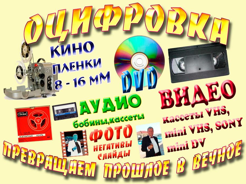 Оцифровка кино, видео, DVD, фото пленок, слайдов и аудио кассет