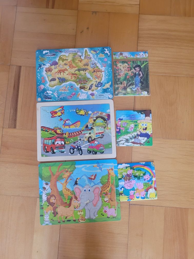 6 x puzzle w ramce-  zestaw zwierzęta, pojazdy, peppa
