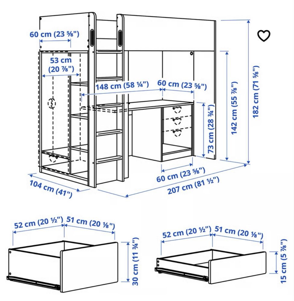 Lozko piętrowe z biurkiem i szafą IKEA