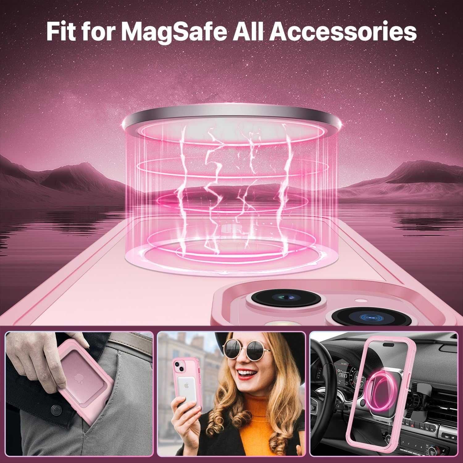CENHUFO etui iPhone 15 pancerne etui magsafe 360 szkło na aparat róż