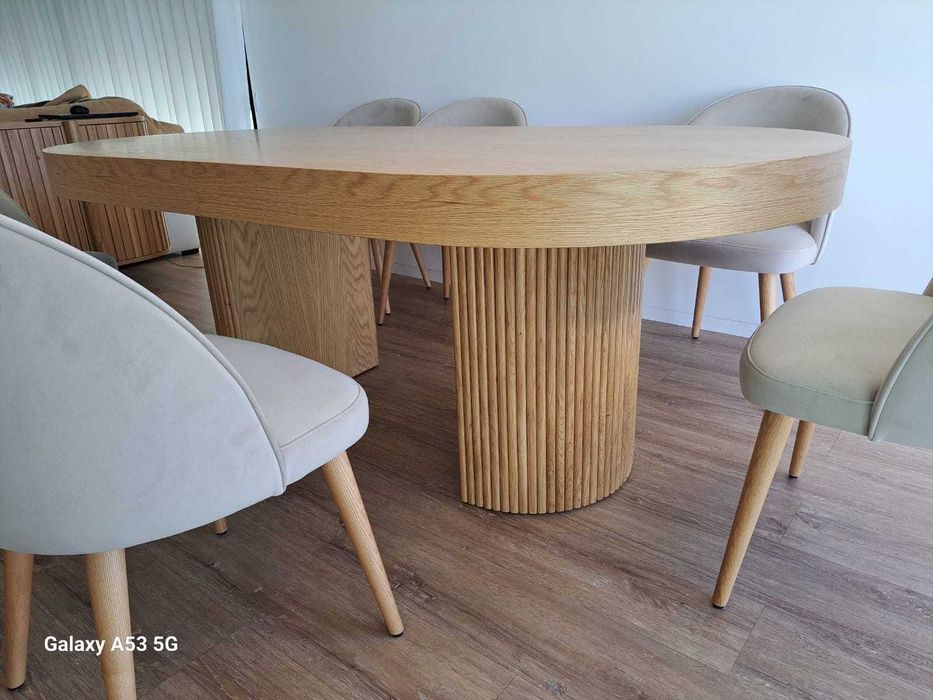 Mesa Jantar Extensível Oval Carvalho Natural e Ripado