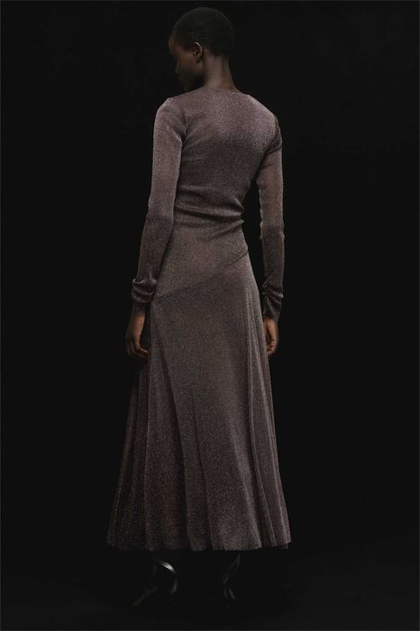 Sukienka L nowa kolekcj brokatowa siateczka brązowa drapowana PROMOCJA