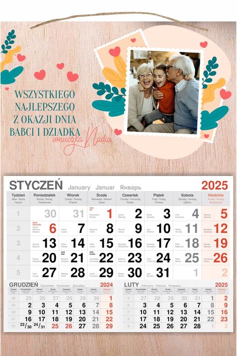 kalendarz wiszący 2025 jednodzielny drewniany nadruk dzień babci