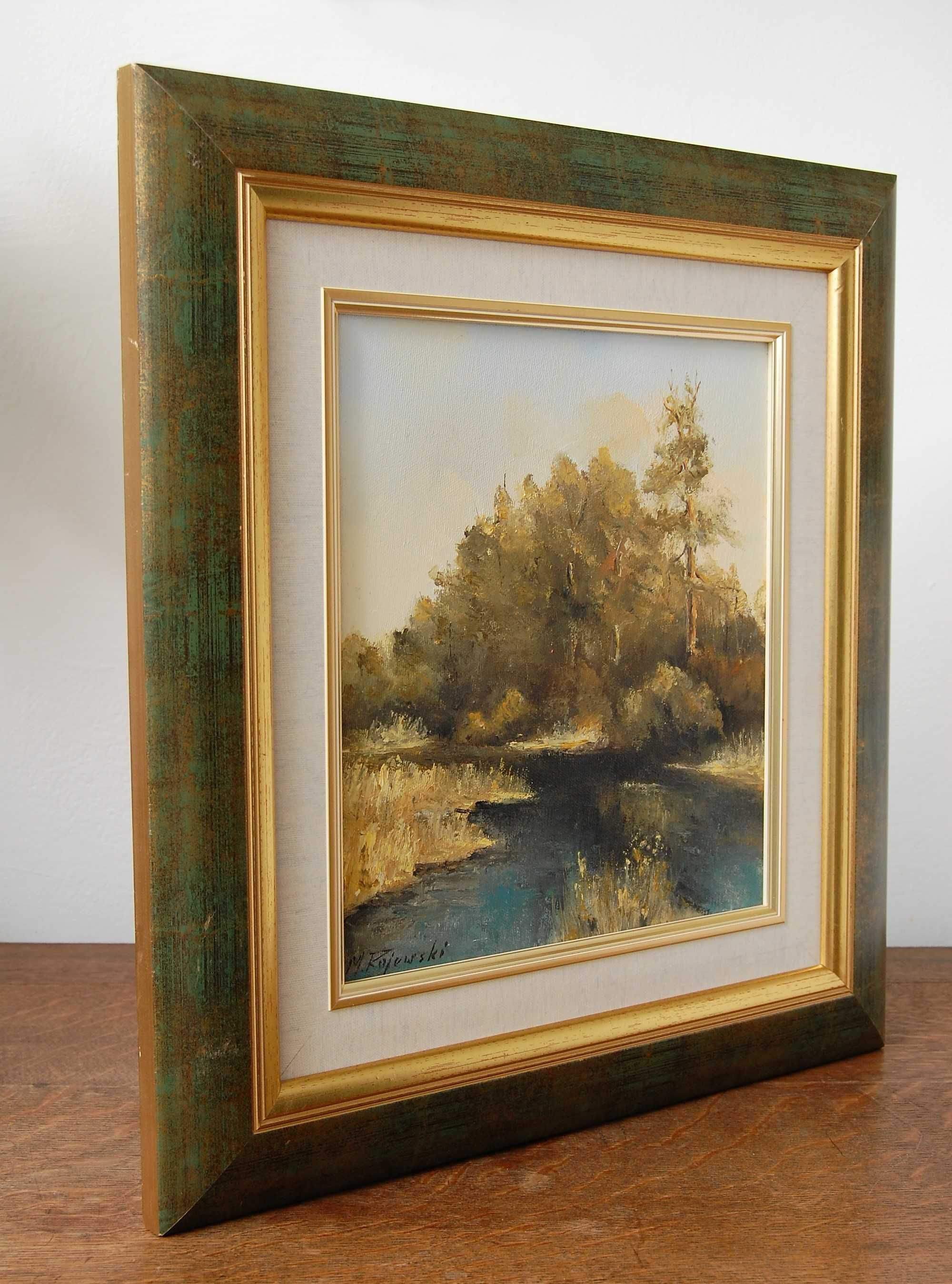 Pejzaż las rzeka obraz olejny ręcznie malowany M. Rojewski