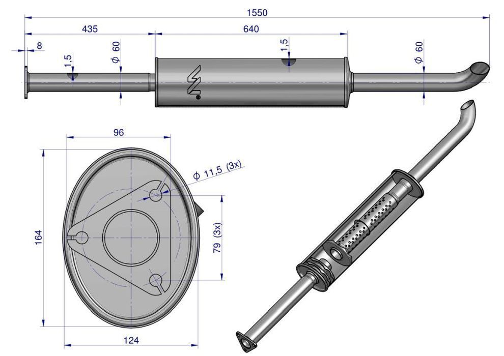 Tłumik prosty długi 1550mm 8kg C-385 INOX WARYŃSKI