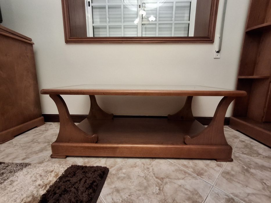 Mesa de centro de sala em madeira maciça e pedra