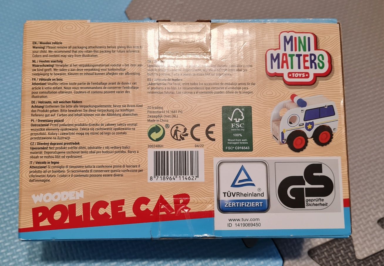Mini matters toys, nowy, samochód policyjny, drewniana zabawka