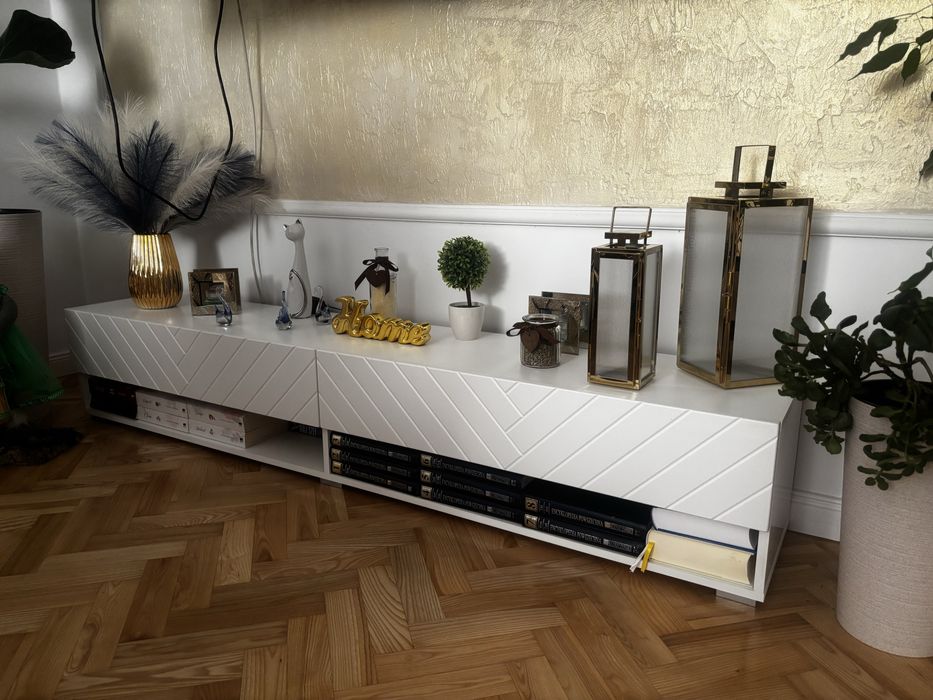 Szafka RTV Lowboard 180 cm Etna wisząca / stojąca jodełka biały