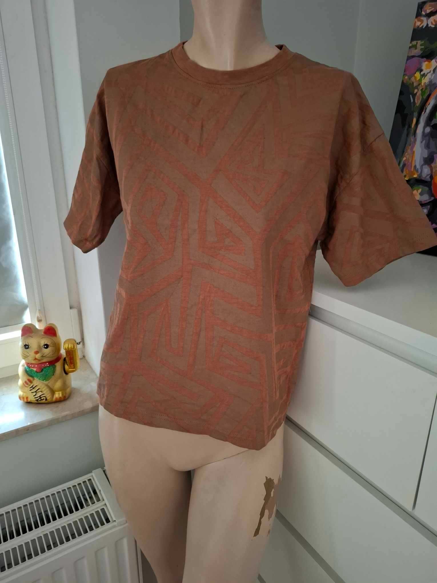 S 36 brązowy T-shirt wzorzysty we wzór koszulka z krótkim rękawem