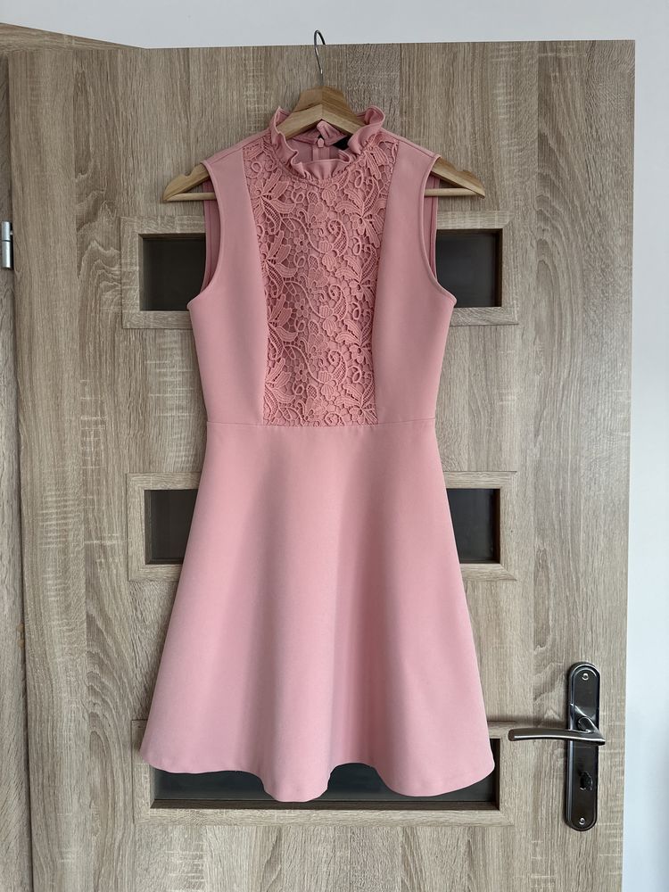 Sukienka wizytowa suknia Zara XS pudrowy róż różowa koronkowa