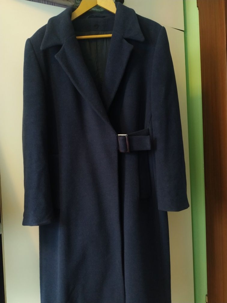 Granatowy damski długi płaszcz, taliowany L XL wełna angora