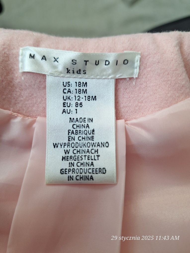 Płaszczyk dziewczęcy Max Studio Kids 86 12-18 miesięcy