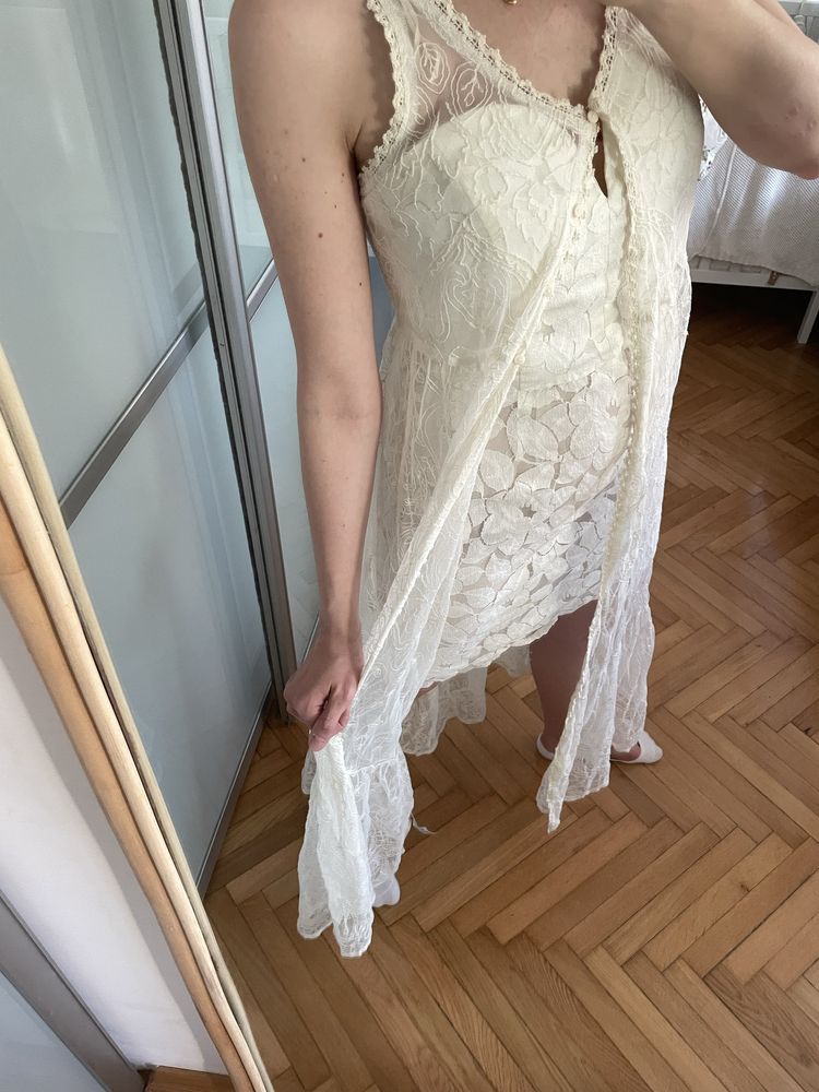 Asos boho sukienka + boho narzutka L biała panienski ślub koronka