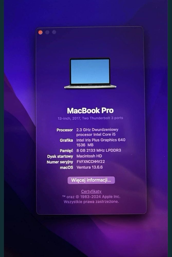Macbook pro 13’ i5 8/128gb z 2017 super stan