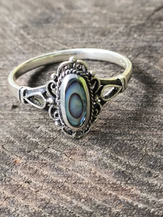 Stary srebrny pierścionek muszla abalone . Vintage