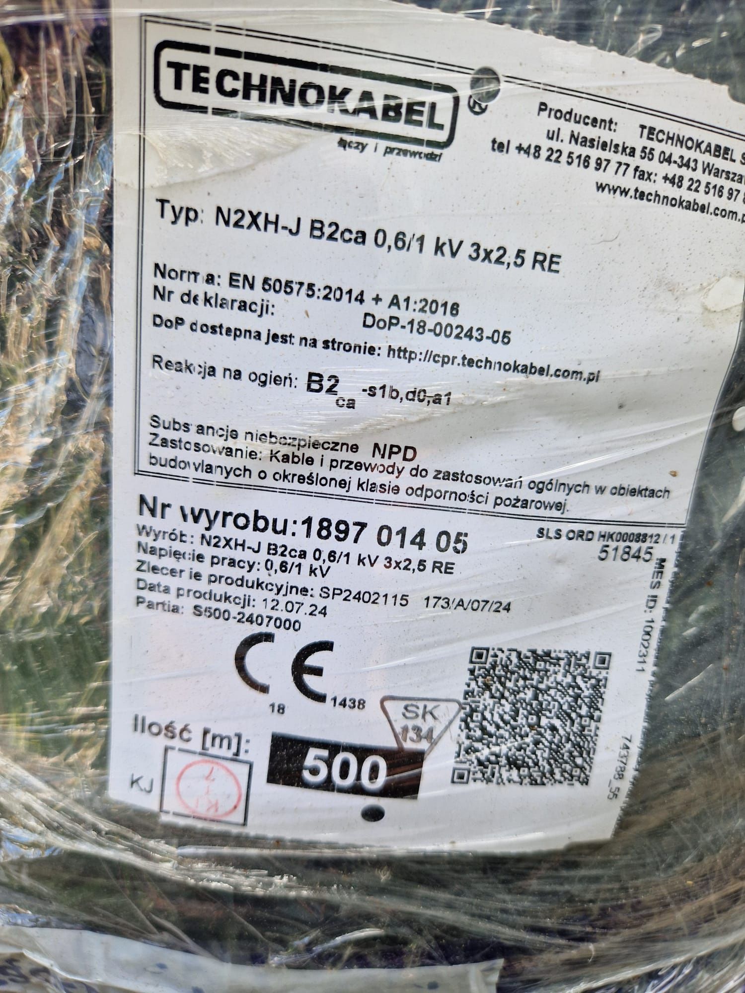 Przewód 3x2,5 3x1,5 N2XH-J B2ca 0,6/1kV Technokabel  500m okazja!!!