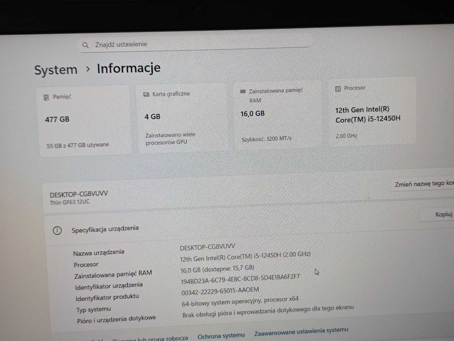 Laptop MSI Thin GF63 12UC-685NL SSD 512GB GWARANCJA 6 miesięcy WYSYŁKA
