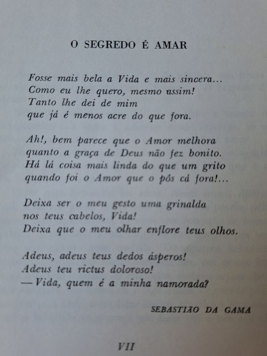 O segredo é amar Obras de Sebastião da Gama 2a ed 1969