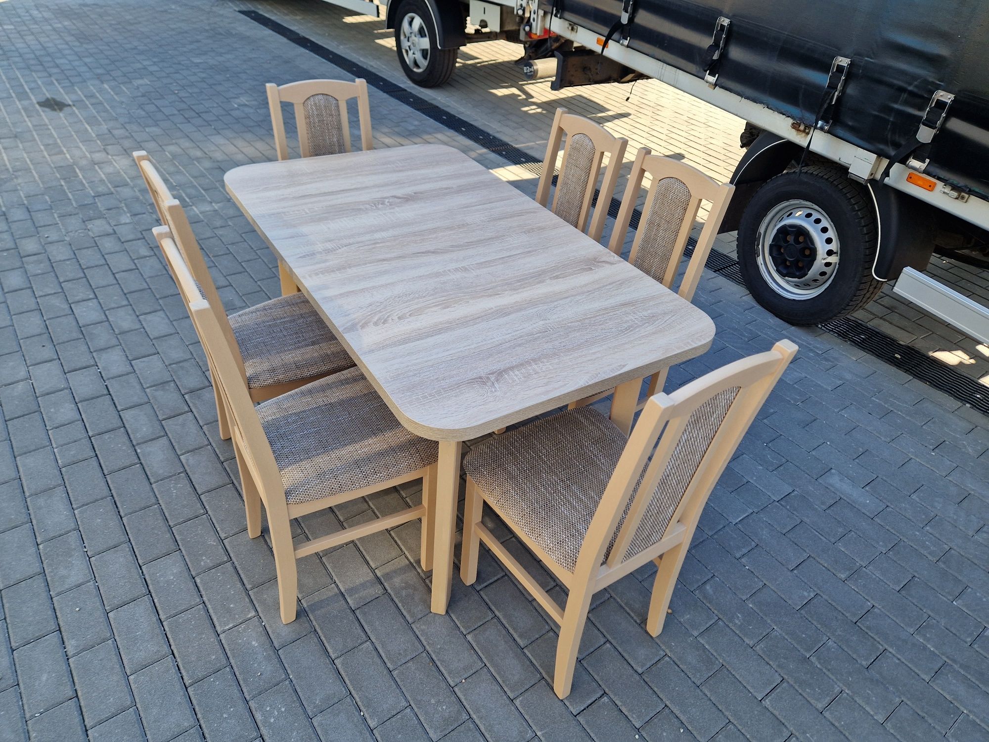 Stół 80x140/180 + 6 krzeseł, nowe, sonoma + cappuccino, dostawa całaPL