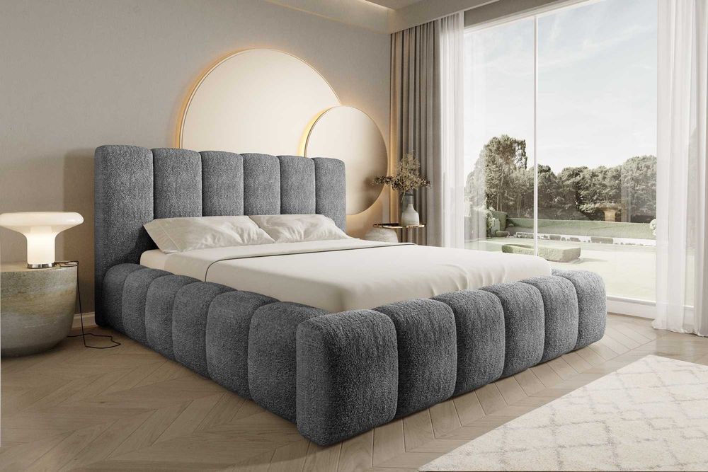 Łóżko Tapicerowane BOSTON Komfortowe Zagłowie TKANINA BOUCLE / WELUR