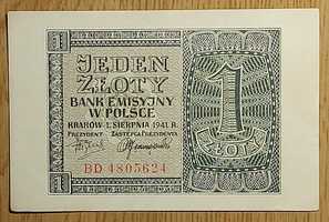 Banknot 1 złoty, emisja z roku 1941.