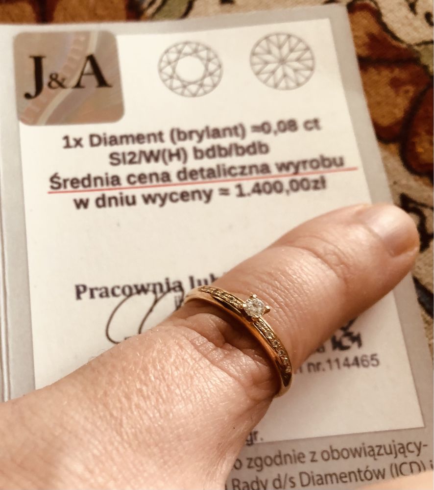 Złoty pierścionek z brylantami 0,13ct ZŁOTO Au 585 BRYLANT CERTYFIKAT