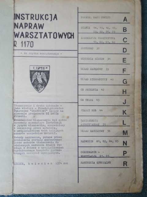 Unikalna książka pt. "Instrukcja napraw warsztatowych R1170 DACIA 1300