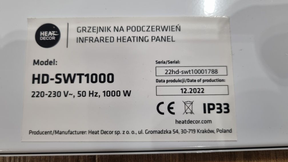 Grzejnik na Poczerwień z Termostatem 1000W  Heat Decor