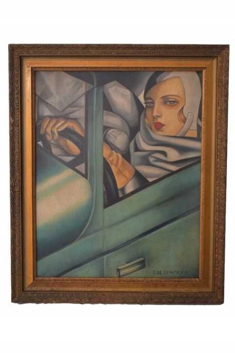 TAMARA De Łempicka - Kobieta w Bugatti - Art Deco - Stary Obraz Olejny