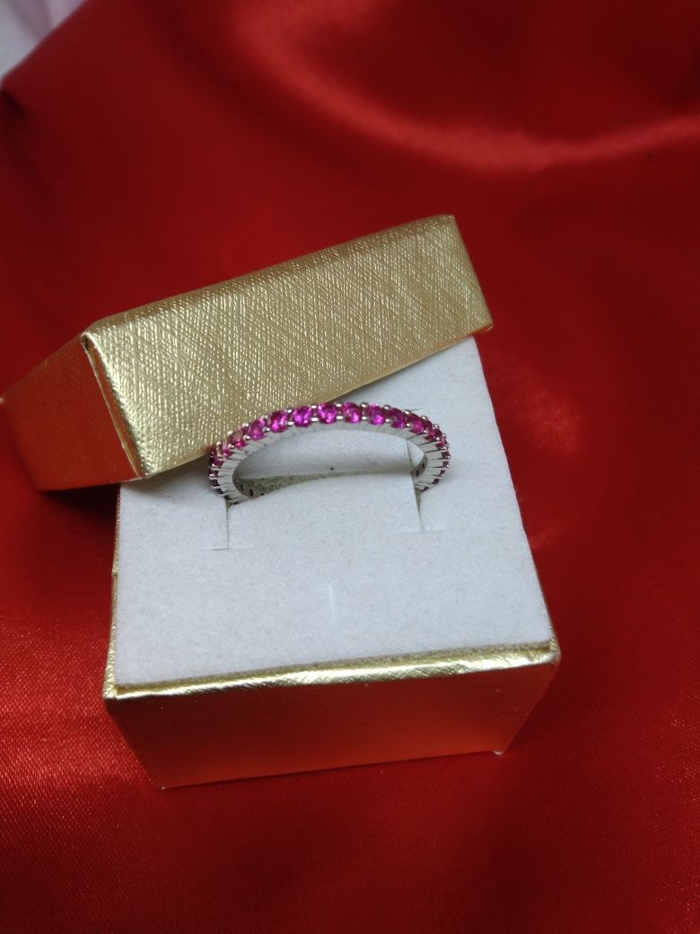 Srebrny pierścionek obrączka z różowymi cyrkoniami, srebro925, R 20