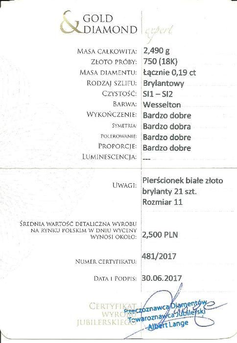 Pierścionek z brylantami 0,19 ct białe złoto pr. 750 18K PRESTIGE