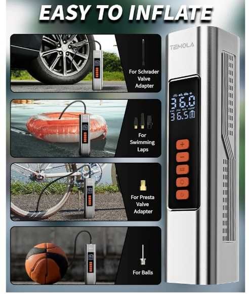 TEMOLA pompka przenośna samochód motocykl sprężarka miernik ciśnienia