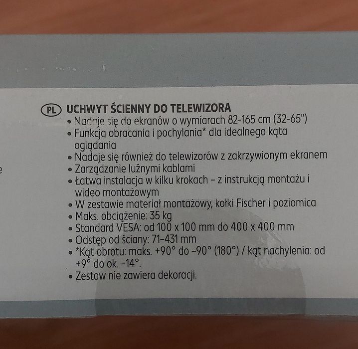 Uchwyt ścienny do telewizora od 32 do 65 cali (82-165 cm) max. 35 kg