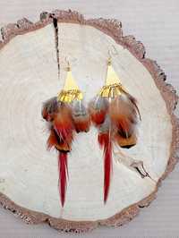 Kolczyki z piór pióra naturalne boho hippie etno indiańskie czerwone z