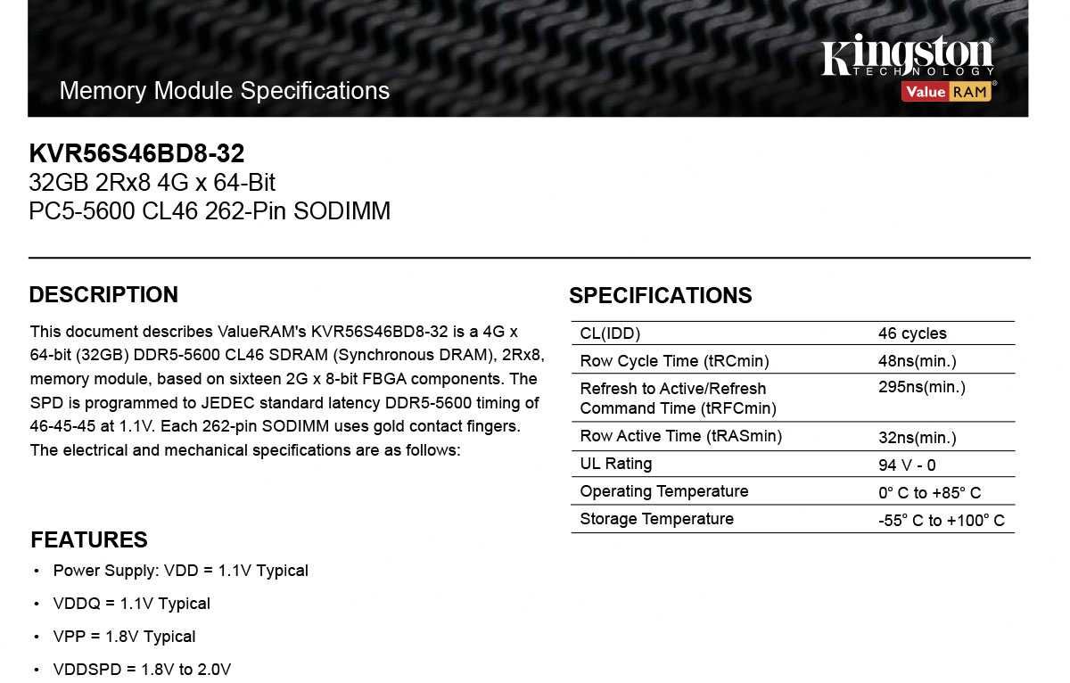 32GB RAM Kingston 5600MT/s DDR5 Non-ECC CL46 SODIMM 2Rx8