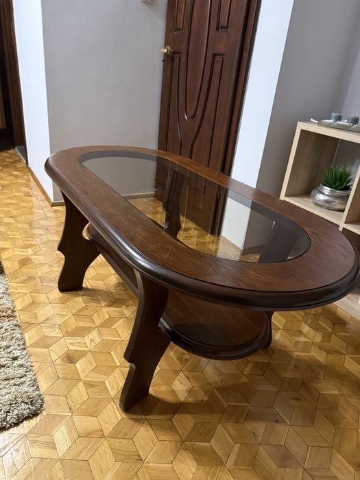 Stolik z szybą owalny 130x70 brazowy stan idealny