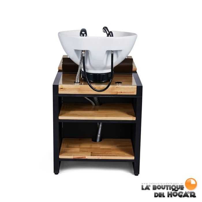 Lavatório de madeira e metal com pia preta e espaço de armazenamento