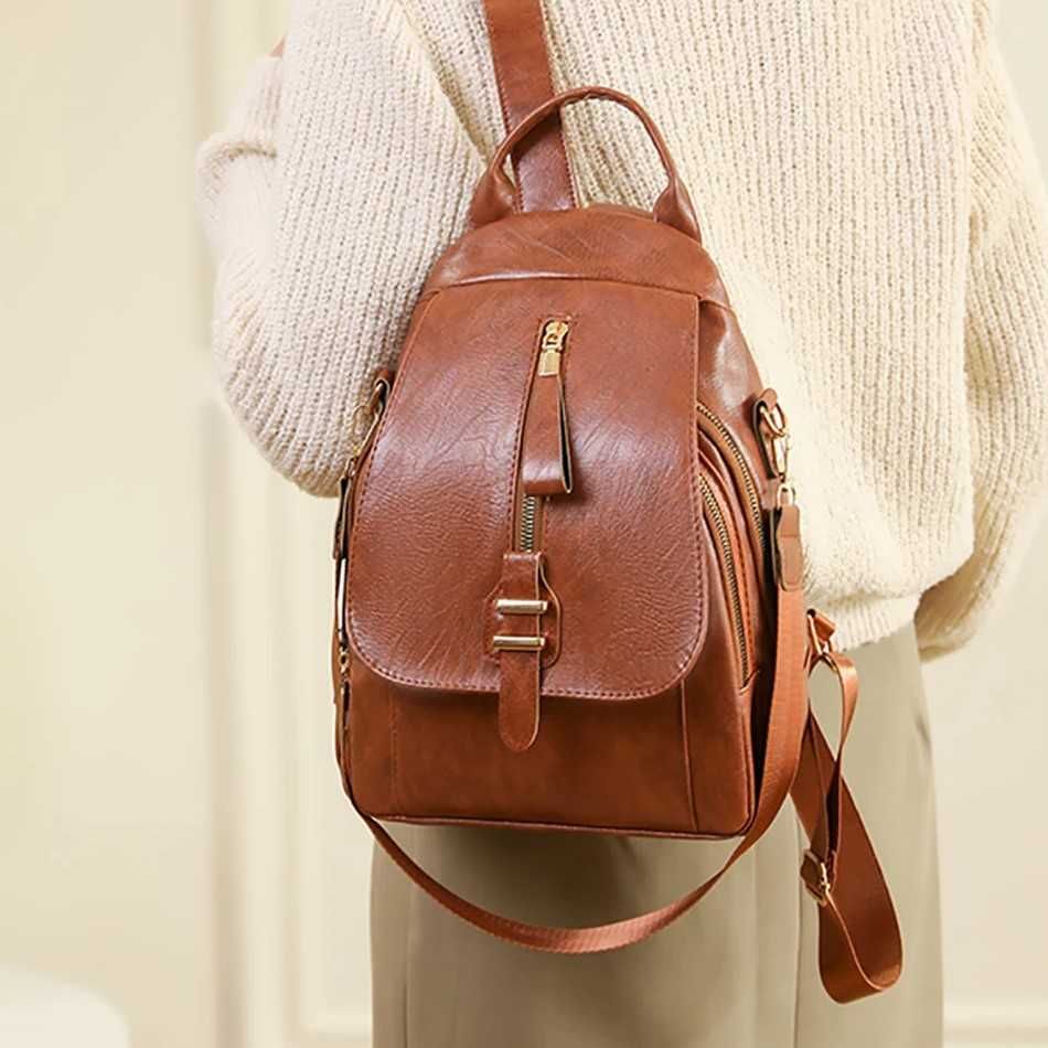 Plecak damski skórzany z klapą Mochila Bolsos brąz