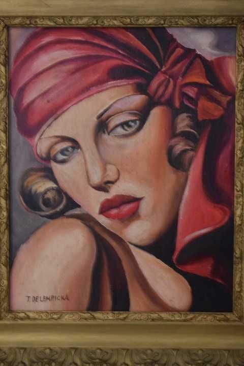 T De Łempicka - Portret Kobiety w Czerwonej Chuście - Obraz Olejny