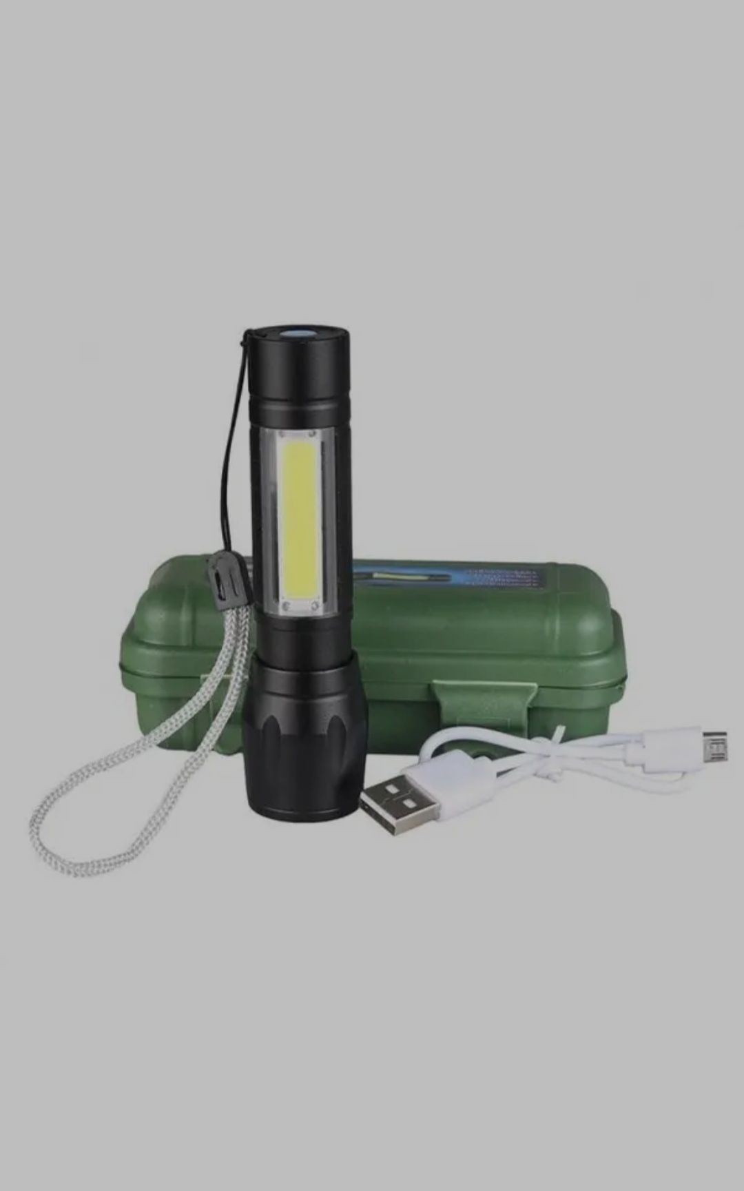 Акумуляторний ручний фонарик з USB кабелем та кейсом.