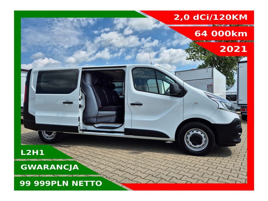 Renault Trafic L2H1 *99999zł NETTO* Brygadówka 6 osób 2,0dCi/120KM  Duża Navi, AndroidAuto, Klima, Kamera, Czujniki, Tempomat, Hak 2000kg