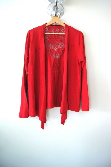 czerwony sweter kardigan z dlugim rekawem w koronke koronkowy 40 42 XL