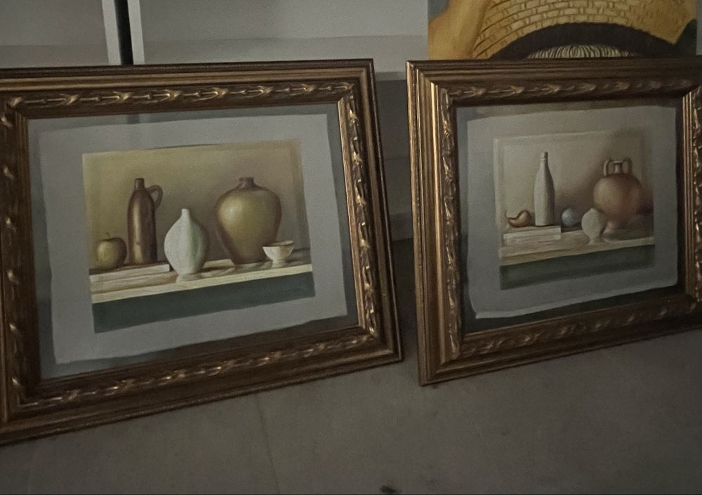 Quadros pintura a oleo em seda emoldurados